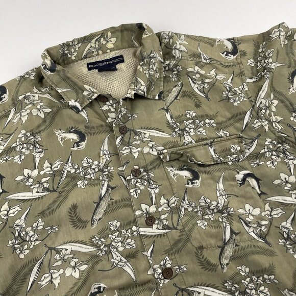 ExOfficio Button Up Shirt Men's L Short Sleeve Vented Outdoors Fish Floral Green - Picture 1 of 12